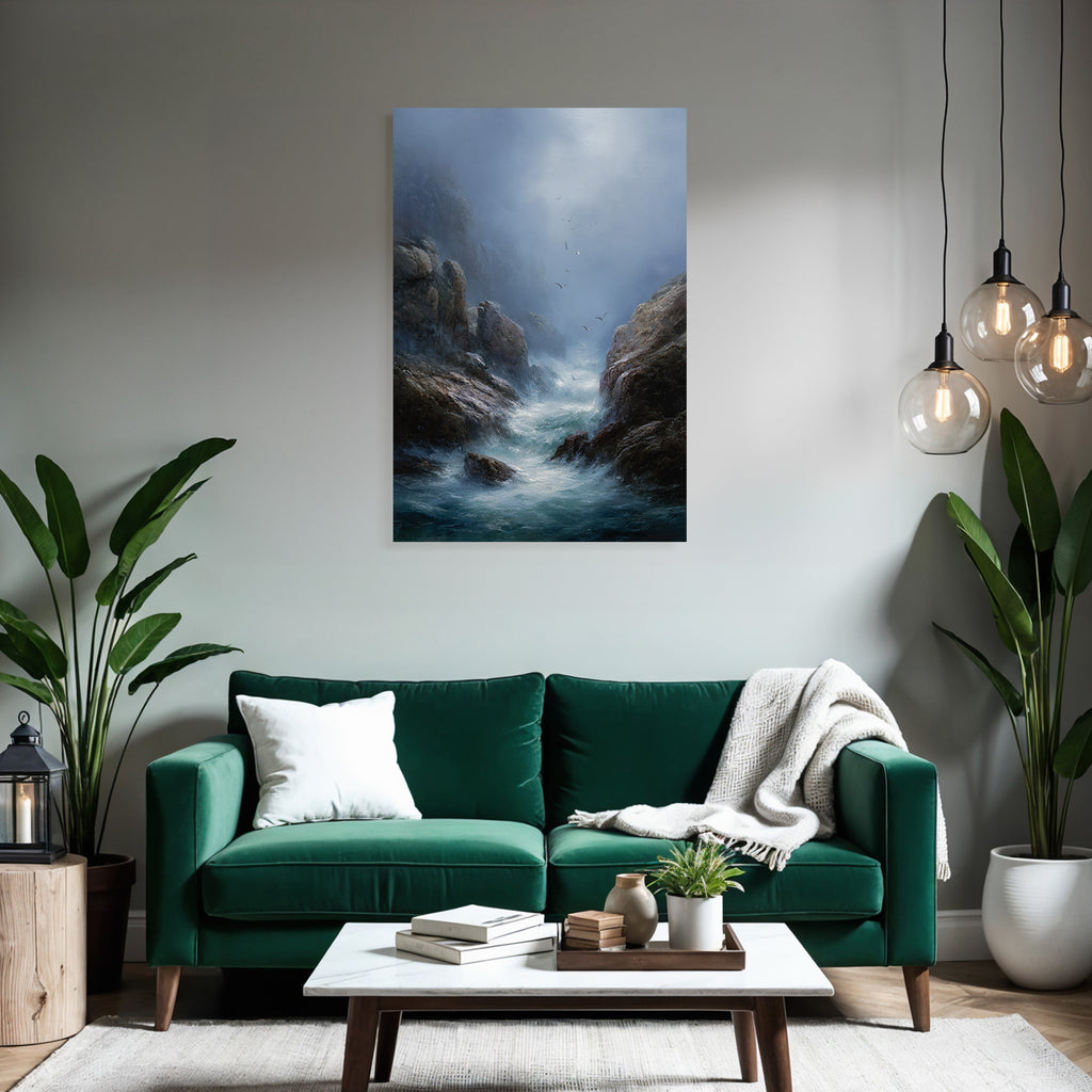 Ruhige Kuestenlandschaft Felsen Watervoegel Nebel Atmosphaere