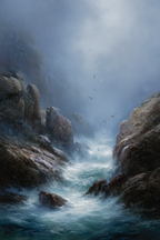 Ruhige Kuestenlandschaft Felsen Watervoegel Nebel Atmosphaere | Klassisch | Einrichtungsstile