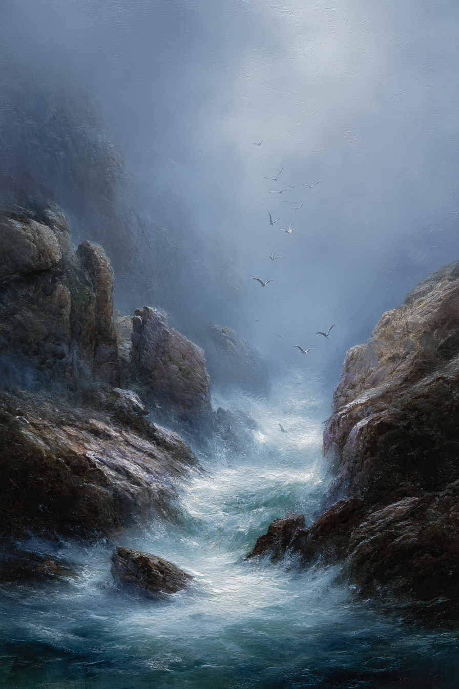 Ruhige Kuestenlandschaft Felsen Watervoegel Nebel Atmosphaere | Klassisch | Einrichtungsstile