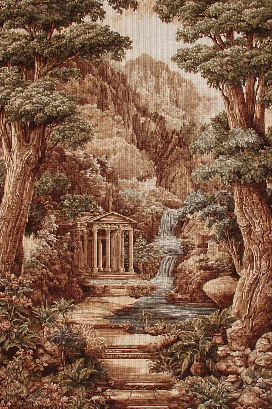 Ruhige Landschaft Mit Wasserfall Und Em Gebaeude Sepia Ton | Klassisch | Einrichtungsstile