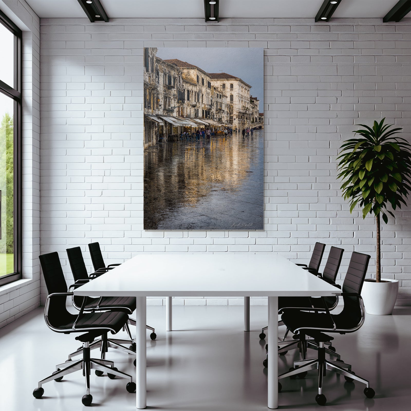 Scenic Europaeische Strasse Mit Cafes Reflektierender Boden Tranquil