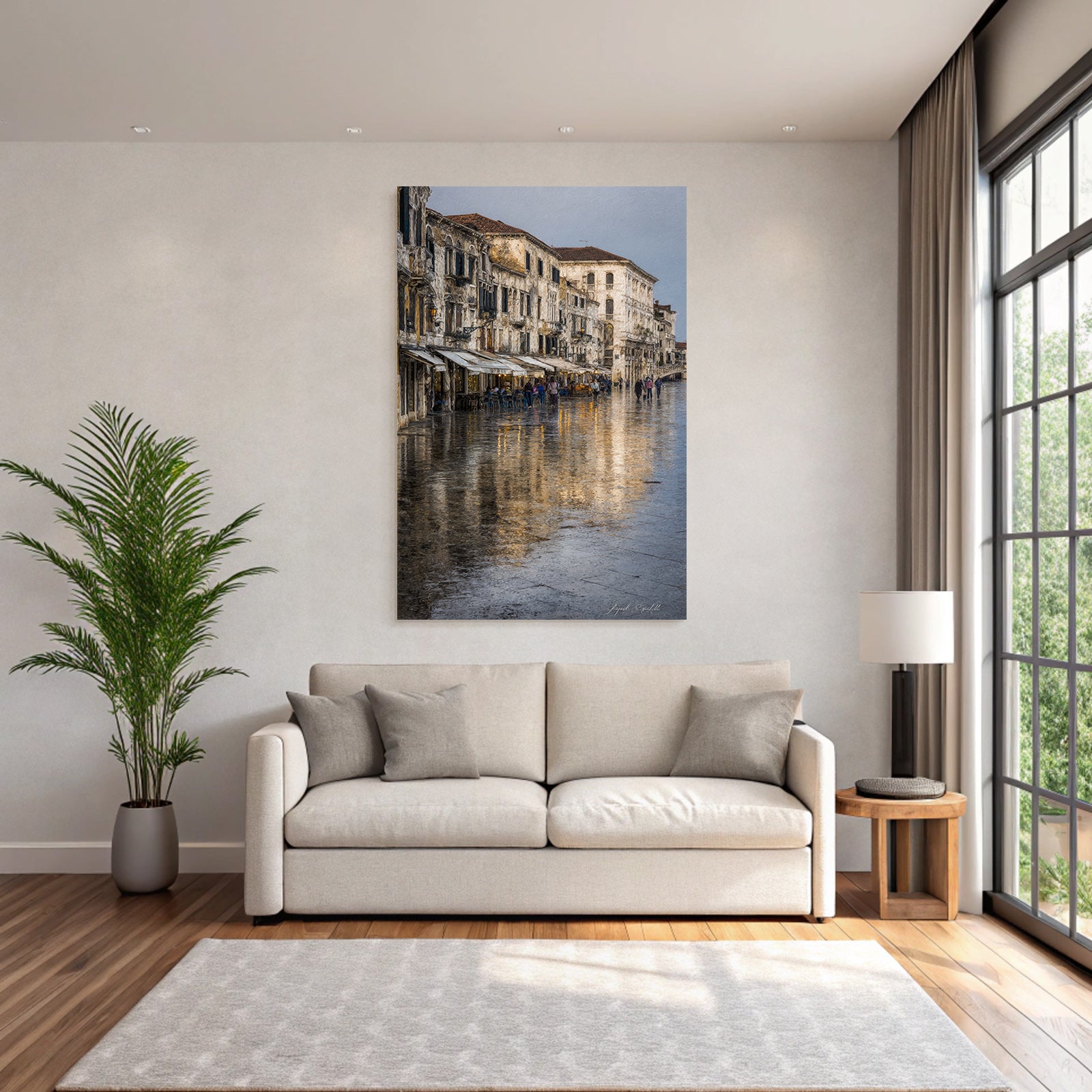 Scenic Europaeische Strasse Mit Cafes Reflektierender Boden Tranquil