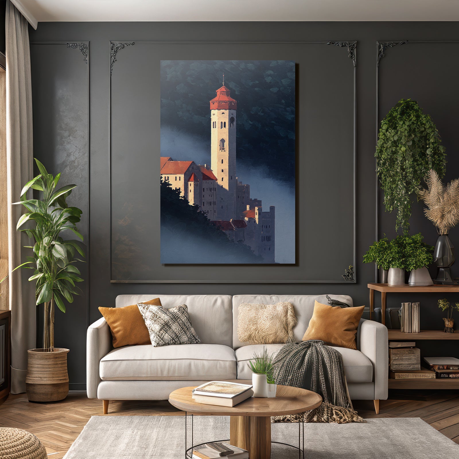 Schloss Im Nebel Mit Rotem Dach Painterly Artwork