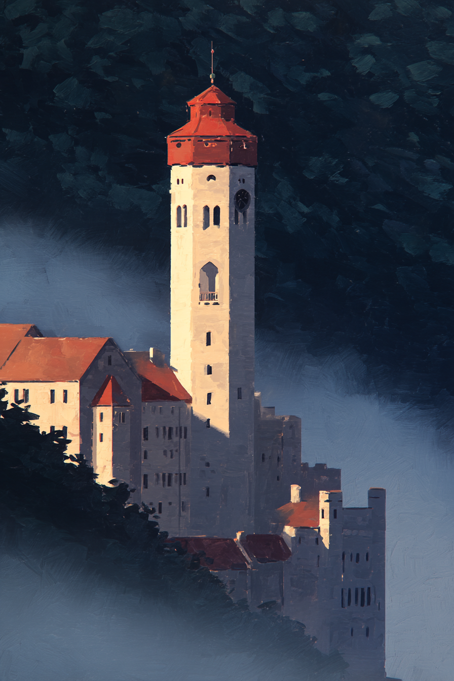 Schloss Im Nebel Mit Rotem Dach Painterly Artwork | Klassisch | Einrichtungsstile