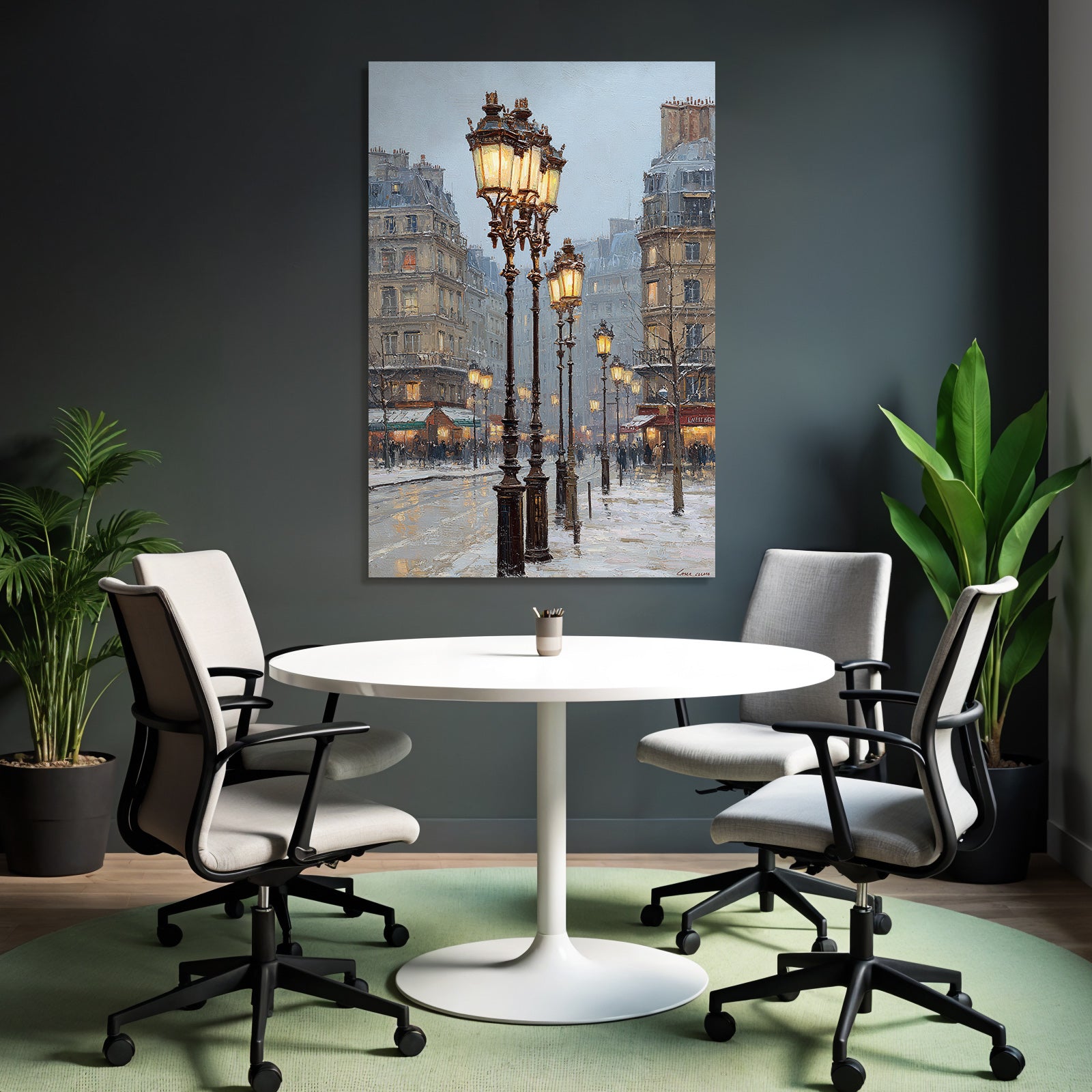 Schneebedeckte Stadtstrasse Mit Vintage Laternen Impressionistischer Stil
