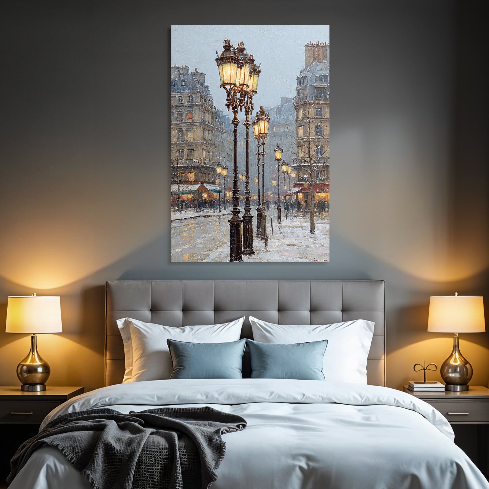 Schneebedeckte Stadtstrasse Mit Vintage Laternen Impressionistischer Stil