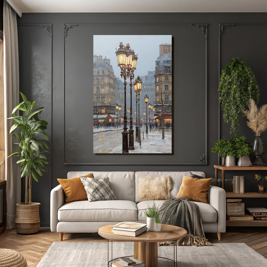 Schneebedeckte Stadtstrasse Mit Vintage Laternen Impressionistischer Stil