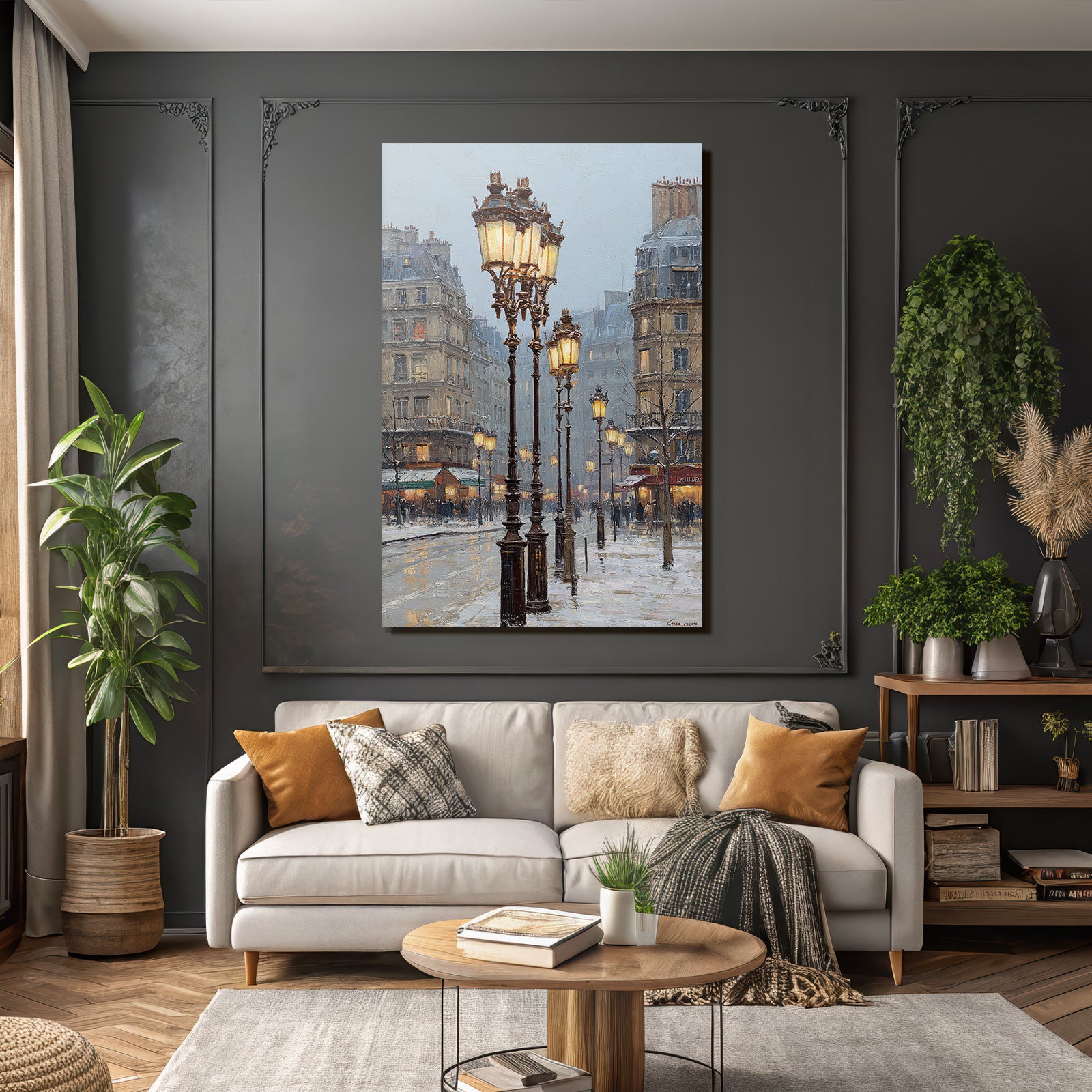 Schneebedeckte Stadtstrasse Mit Vintage Laternen Impressionistischer Stil