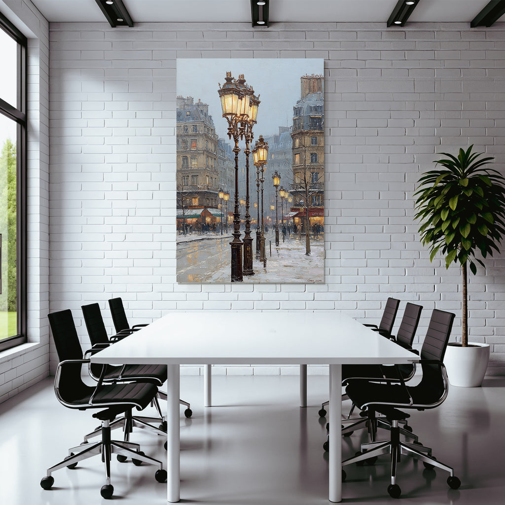 Schneebedeckte Stadtstrasse Mit Vintage Laternen Impressionistischer Stil