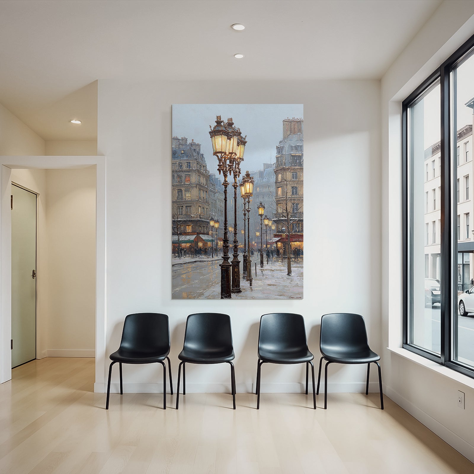 Schneebedeckte Stadtstrasse Mit Vintage Laternen Impressionistischer Stil