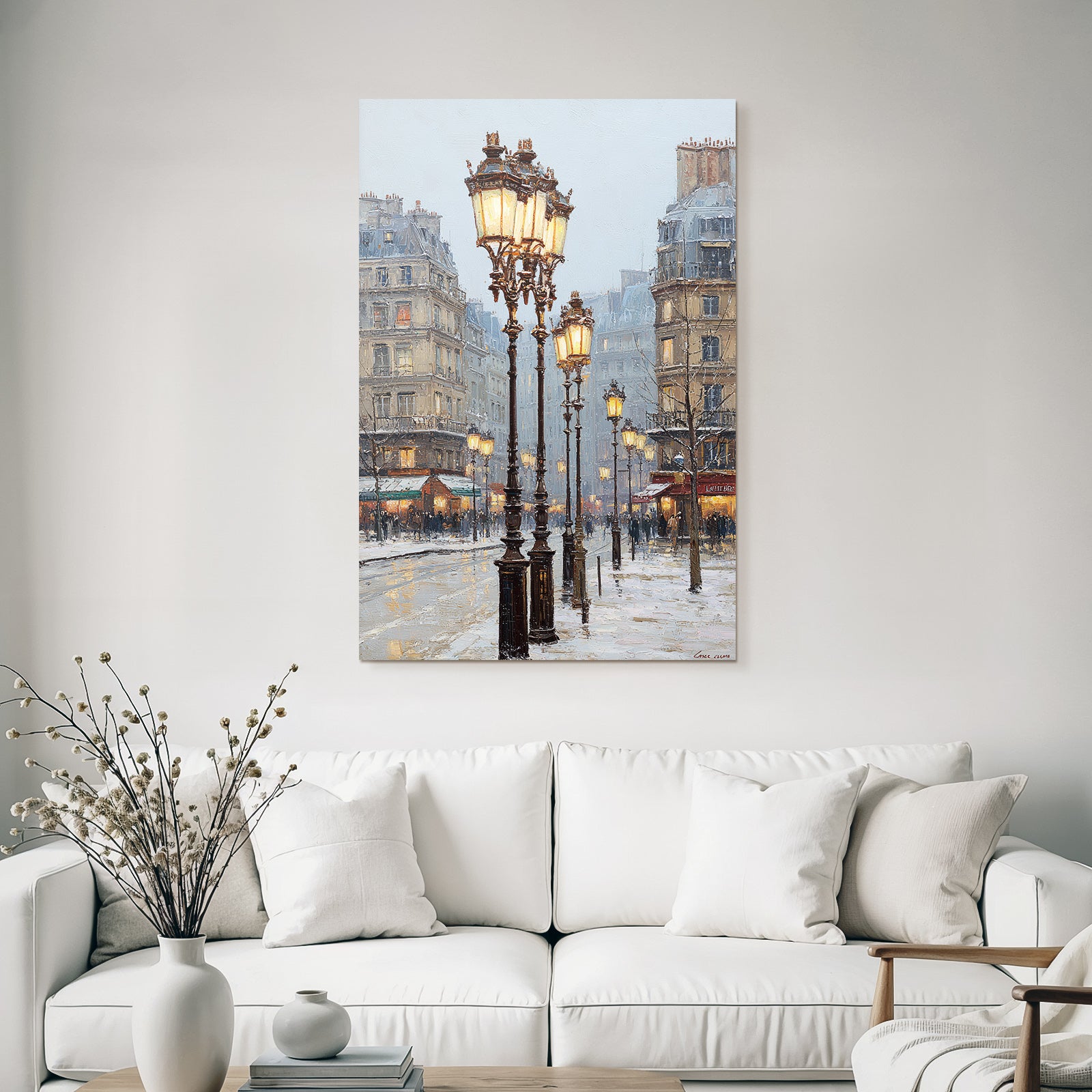 Schneebedeckte Stadtstrasse Mit Vintage Laternen Impressionistischer Stil