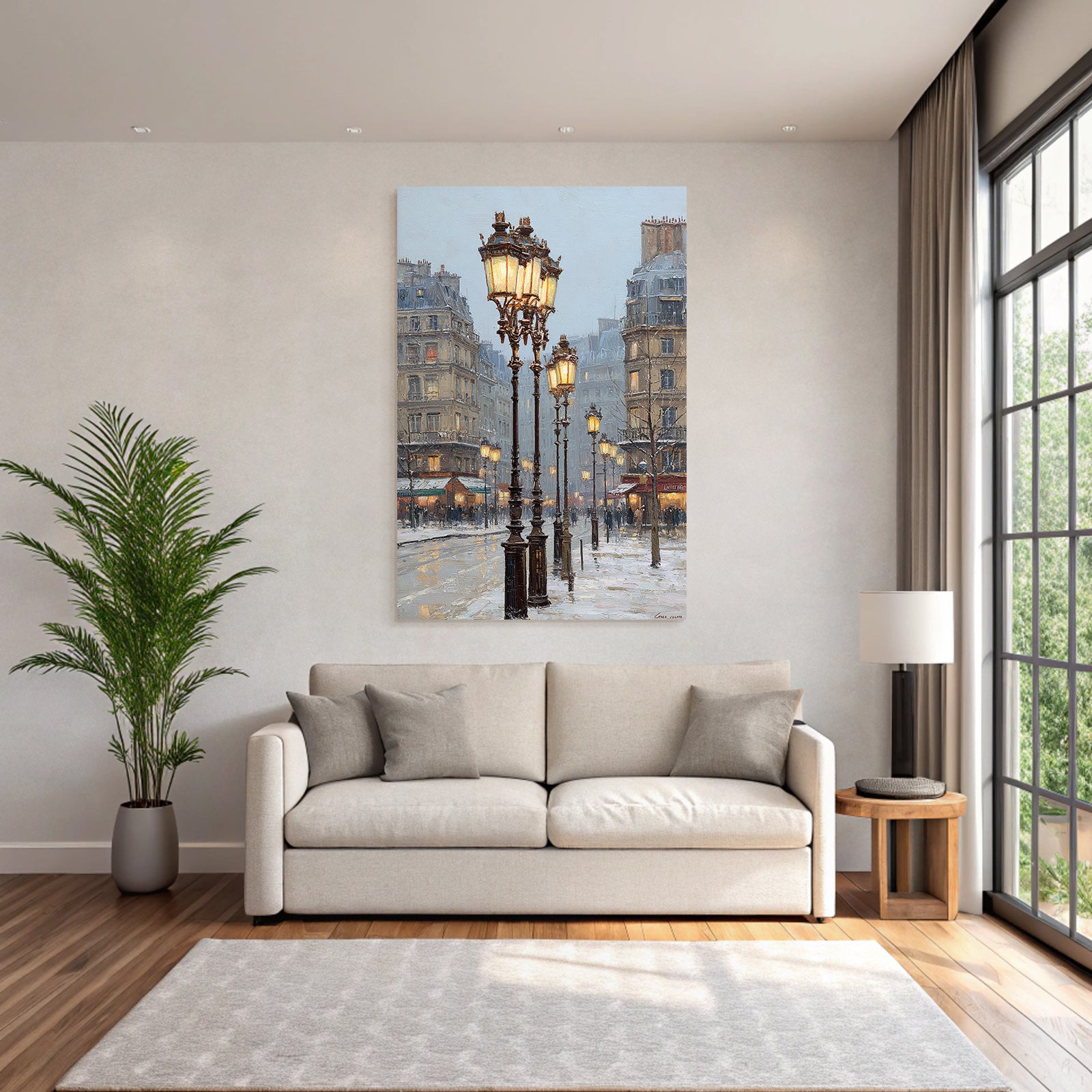 Schneebedeckte Stadtstrasse Mit Vintage Laternen Impressionistischer Stil