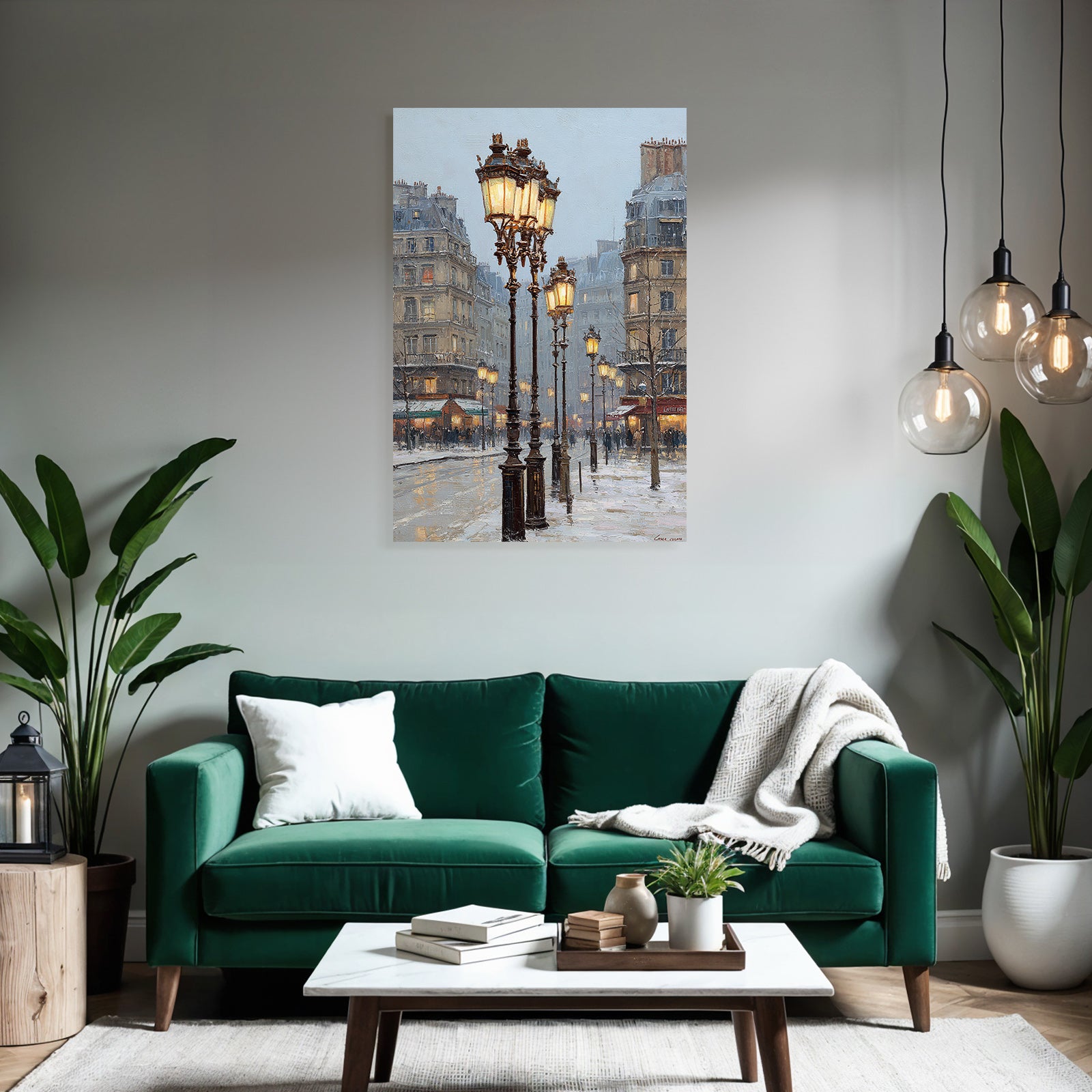 Schneebedeckte Stadtstrasse Mit Vintage Laternen Impressionistischer Stil