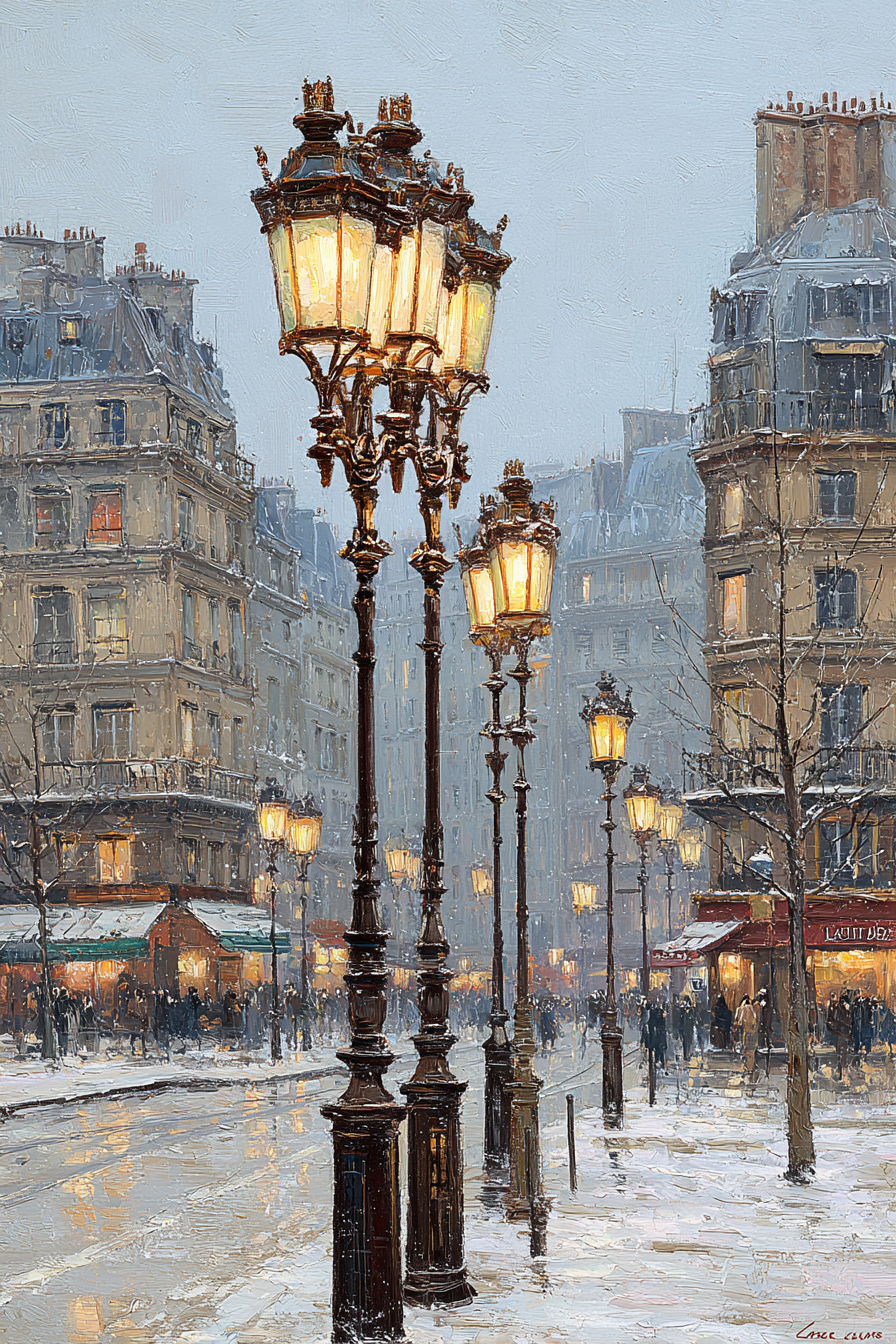 Schneebedeckte Stadtstrasse Mit Vintage Laternen Impressionistischer Stil | Klassisch | Einrichtungsstile