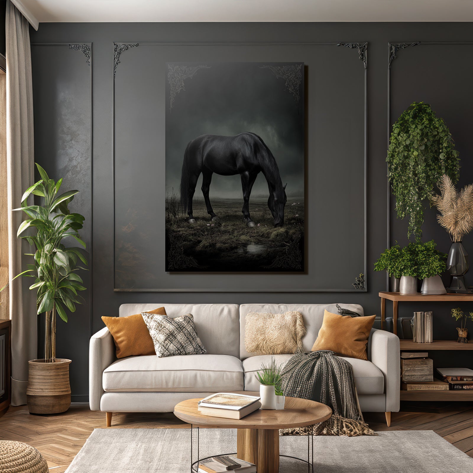 Schwarzes Pferd Im Nebelhafte Landschaft Mystische Stimmung