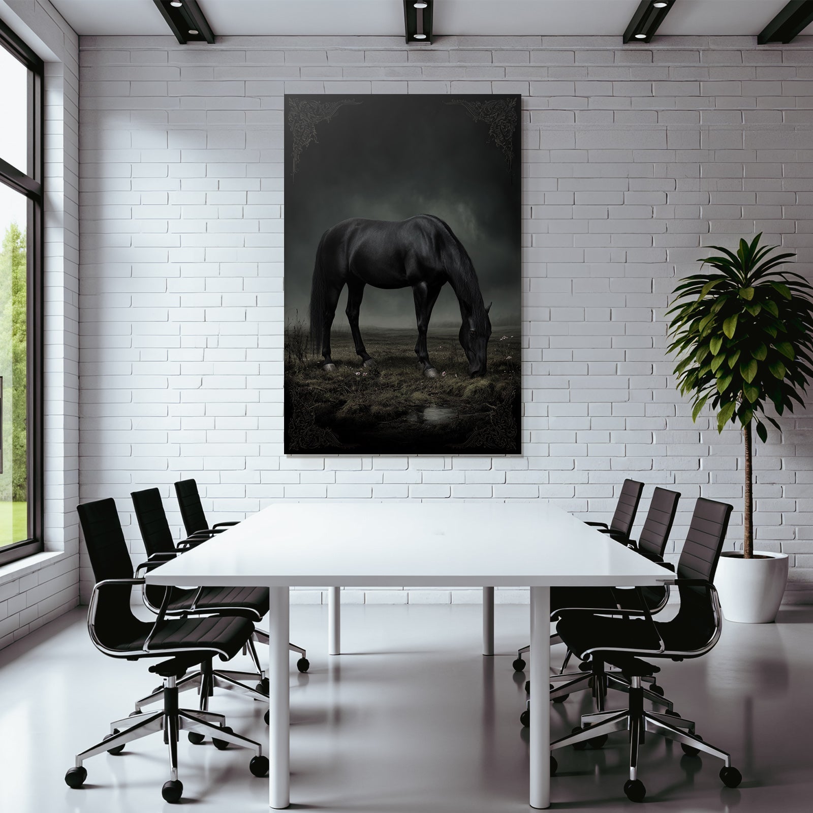 Schwarzes Pferd Im Nebelhafte Landschaft Mystische Stimmung