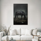 Schwarzes Pferd Im Nebelhafte Landschaft Mystische Stimmung