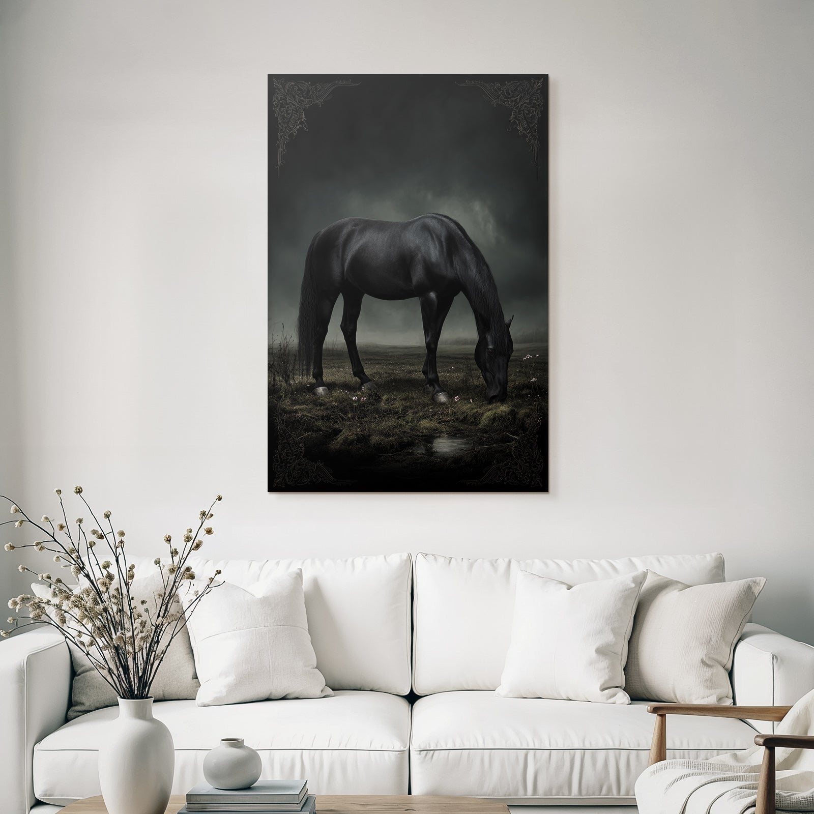 Schwarzes Pferd Im Nebelhafte Landschaft Mystische Stimmung