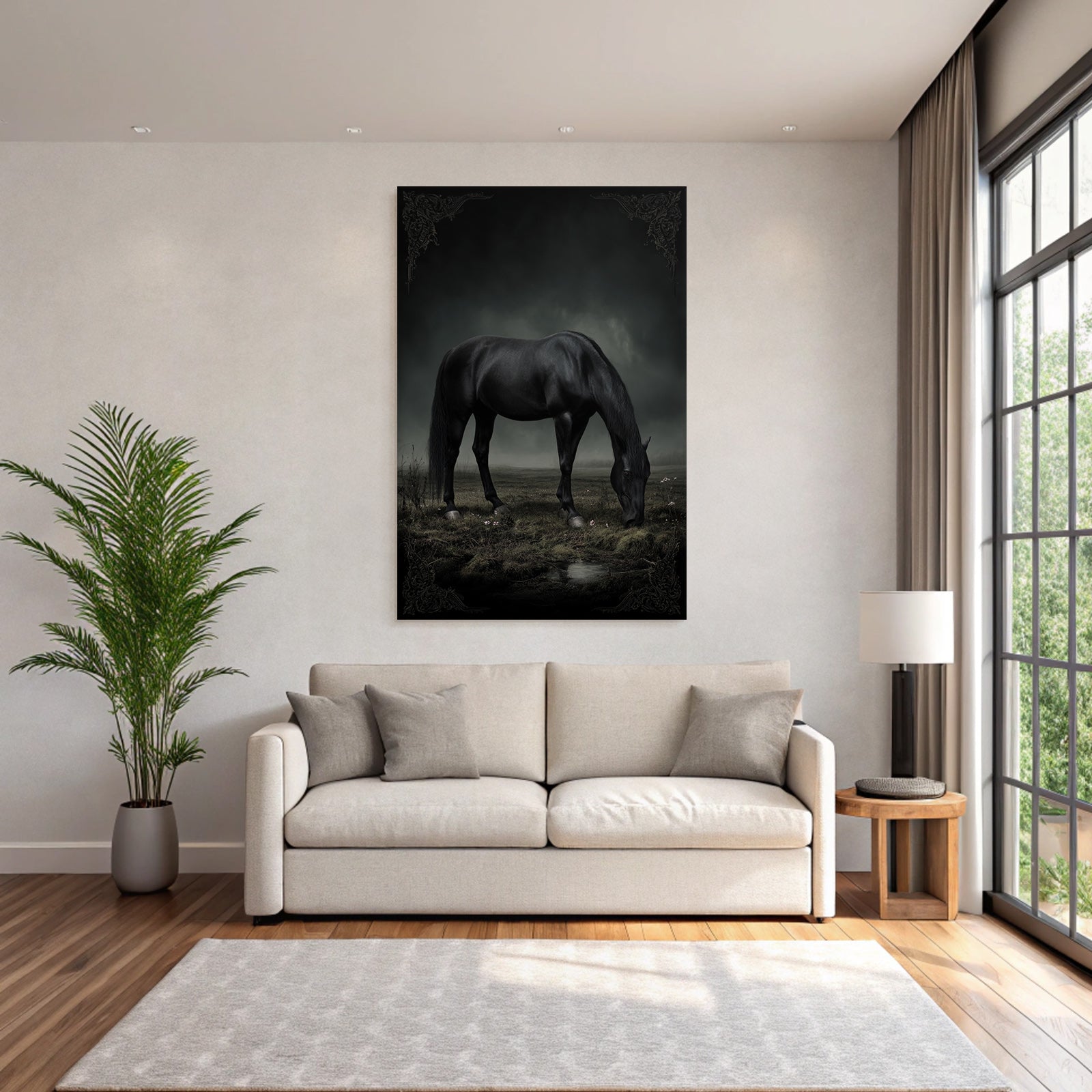 Schwarzes Pferd Im Nebelhafte Landschaft Mystische Stimmung
