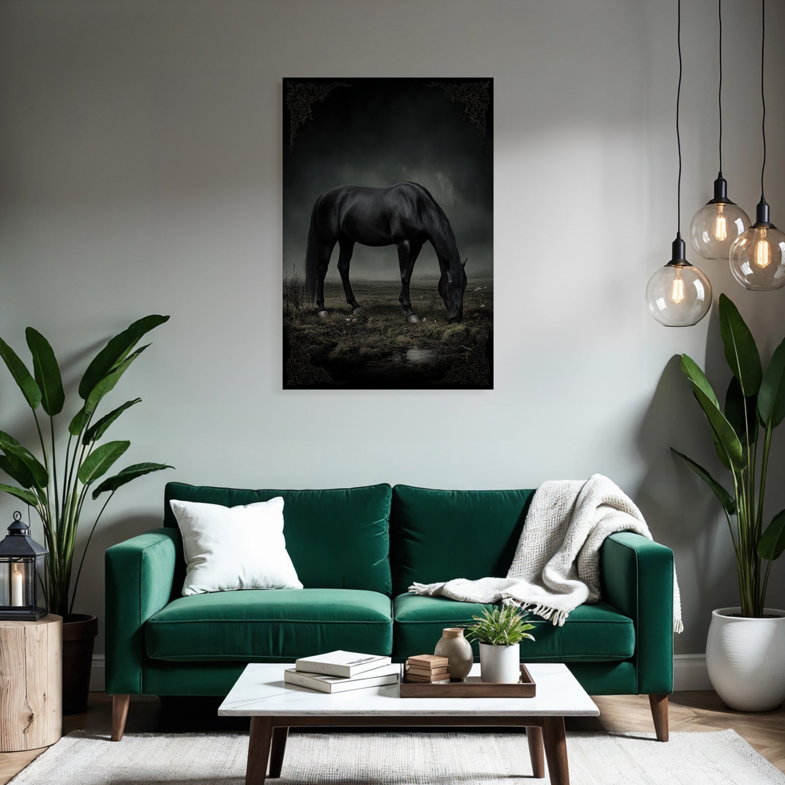 Schwarzes Pferd Im Nebelhafte Landschaft Mystische Stimmung