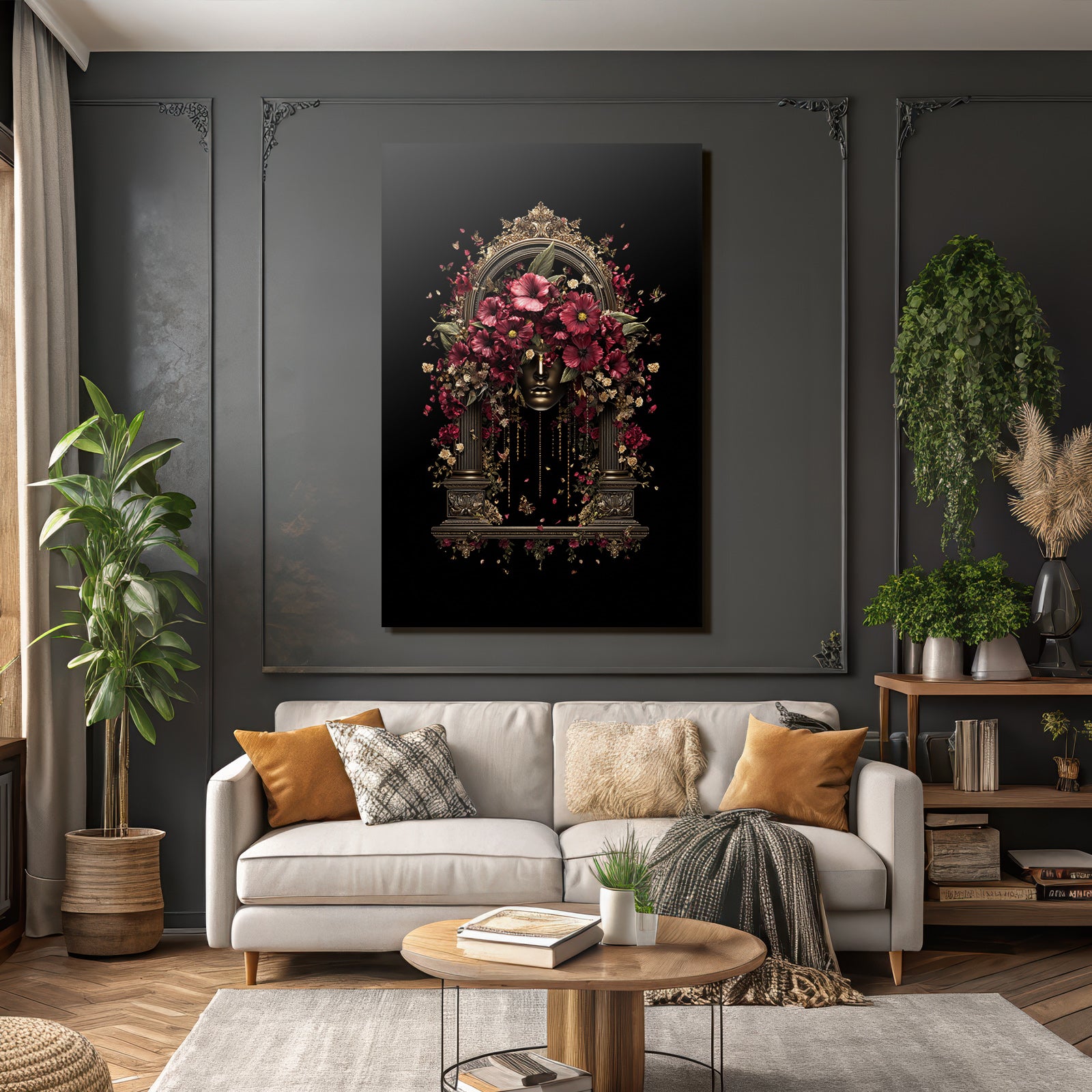 Stylisierte Gesicht Umgeben Von Blumen Mit Dekorativem Bogen