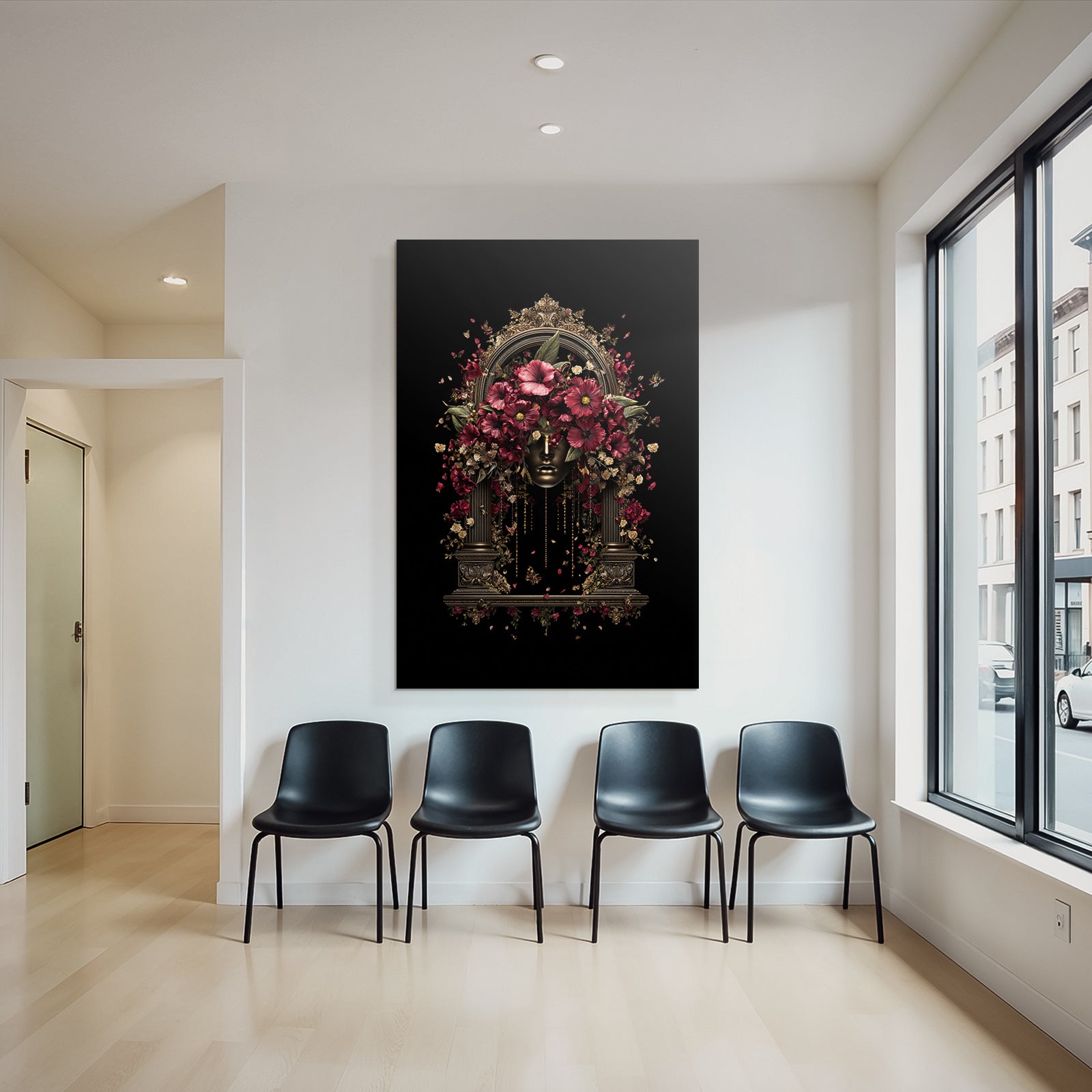 Stylisierte Gesicht Umgeben Von Blumen Mit Dekorativem Bogen