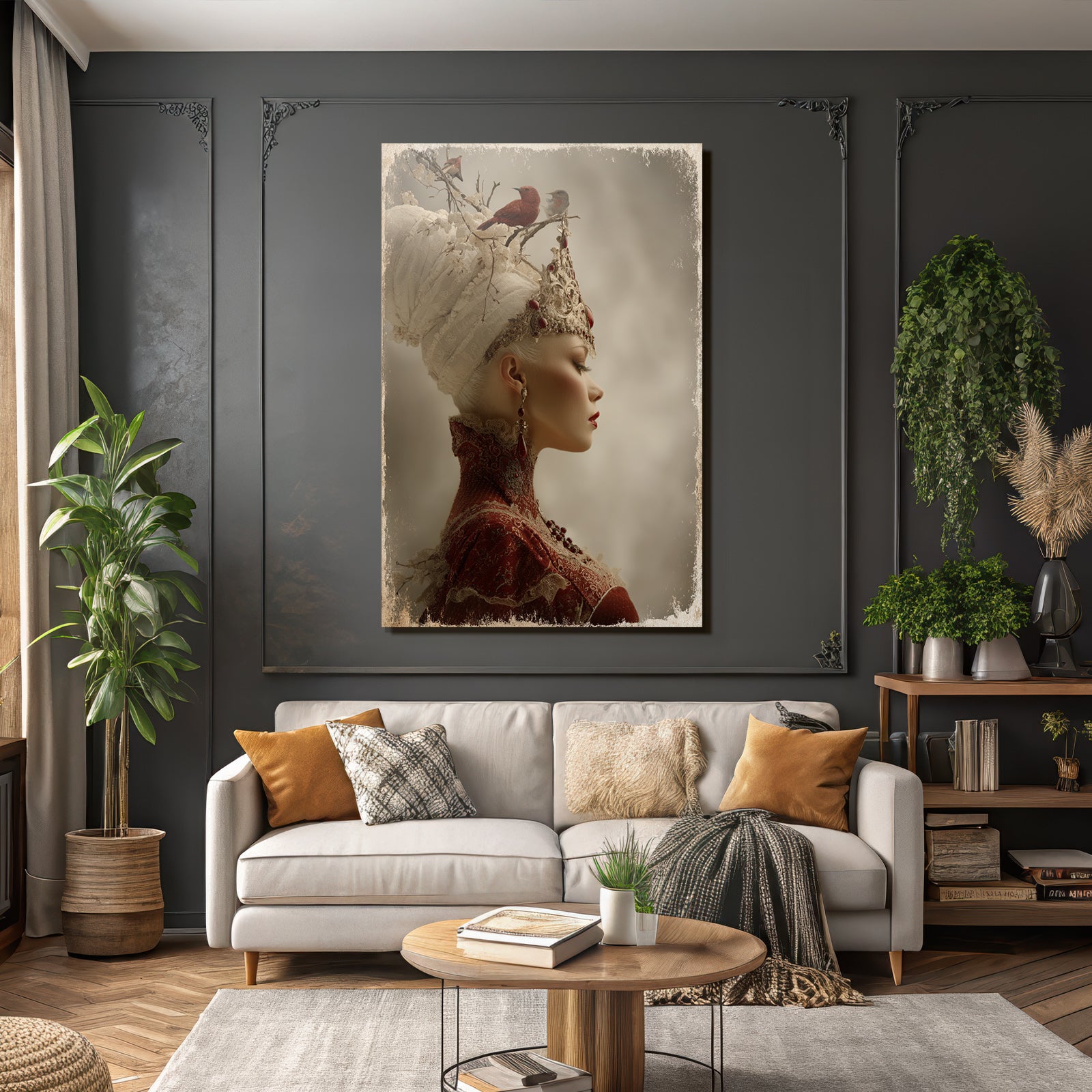 Stylisierte Portait Einer Frau Mit Kronen Haarschmuck Elegante Gestaltung