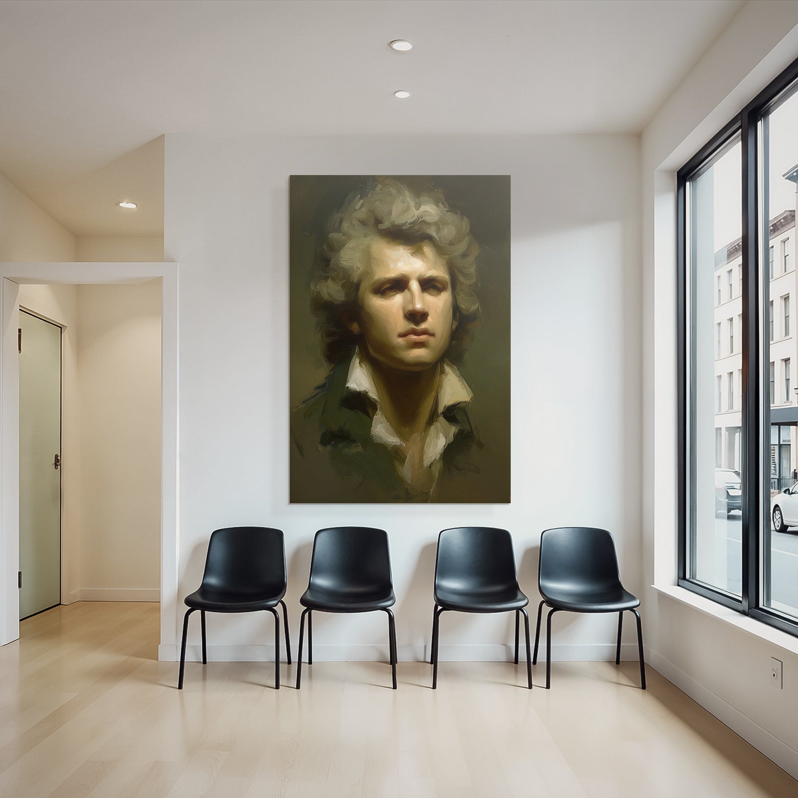 Stylisierte Portraet Junger Mann Nachdenklicher Ausdruck Welliges Hair