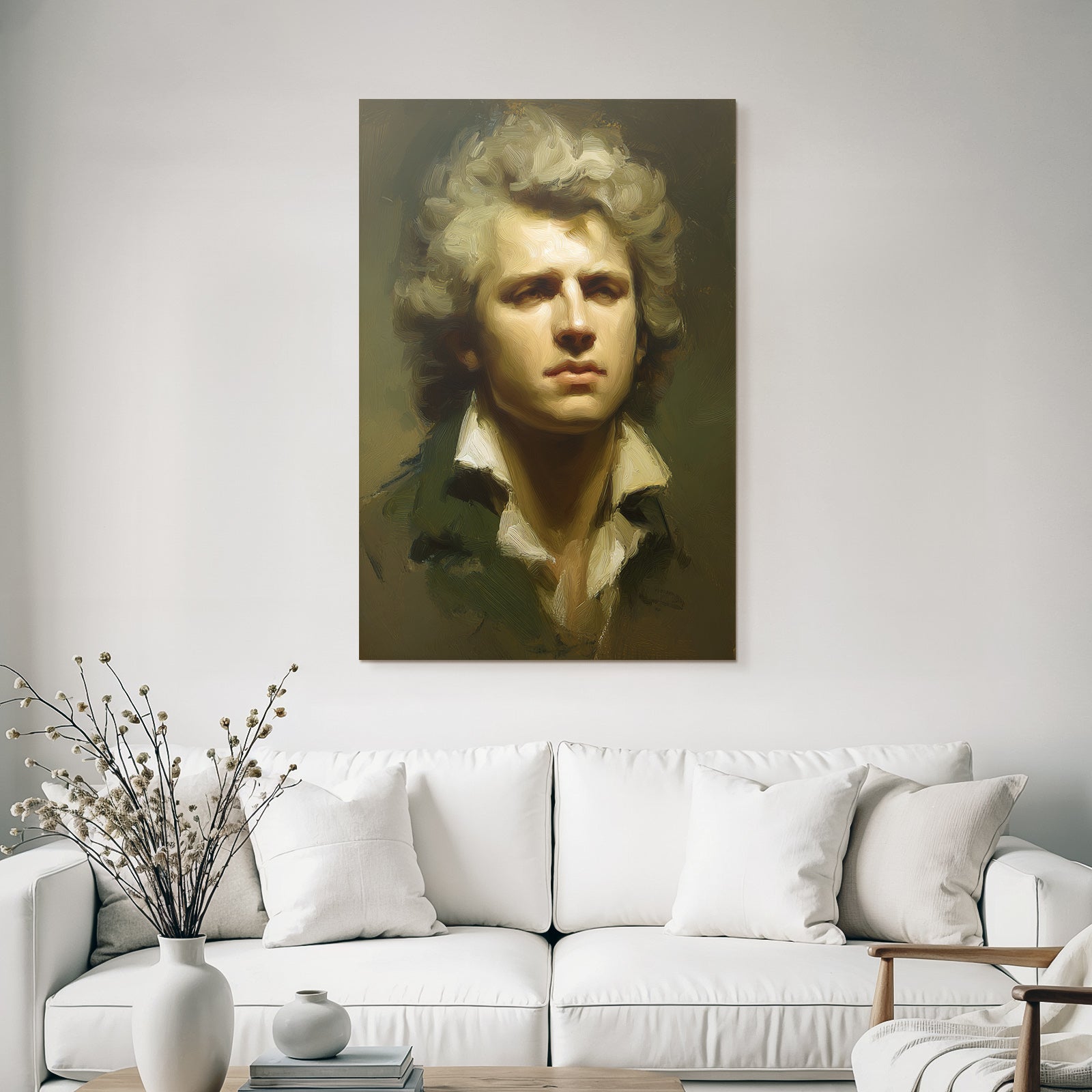 Stylisierte Portraet Junger Mann Nachdenklicher Ausdruck Welliges Hair
