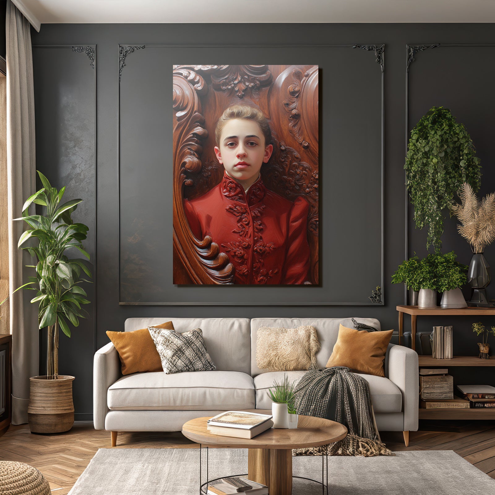Stylisierte Portrait Junger Individueller Im Rot Auf Holz Hintergrund