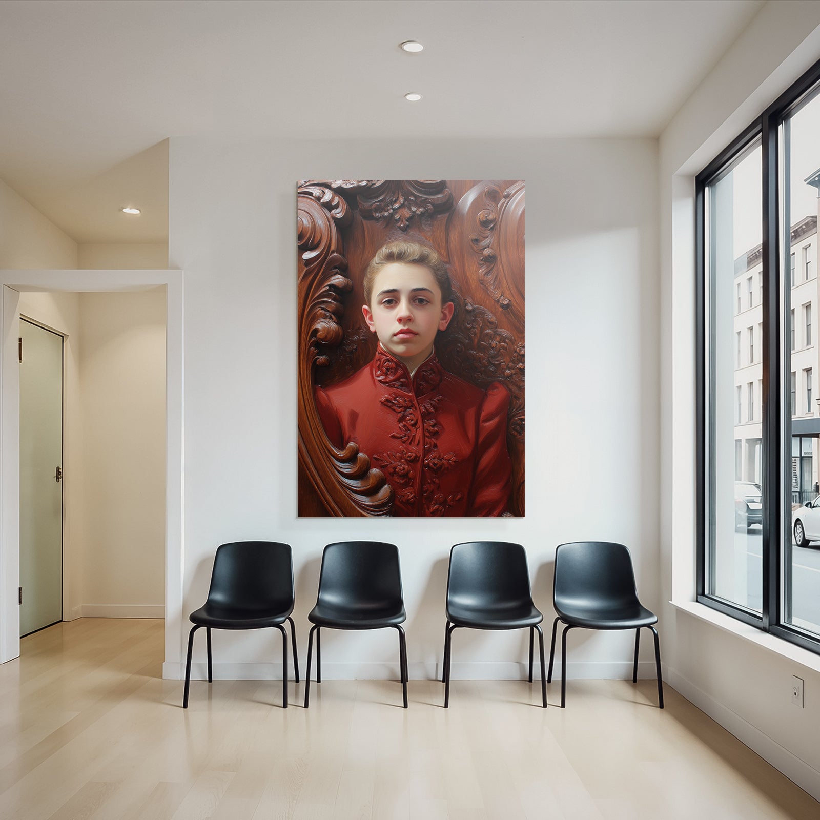 Stylisierte Portrait Junger Individueller Im Rot Auf Holz Hintergrund