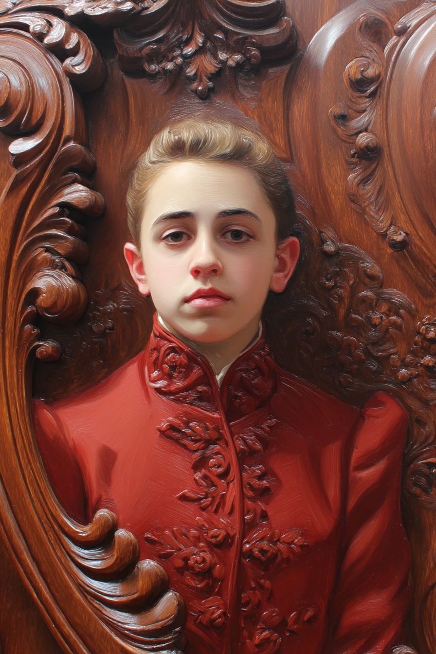 Stylisierte Portrait Junger Individueller Im Rot Auf Holz Hintergrund | Klassisch | Einrichtungsstile