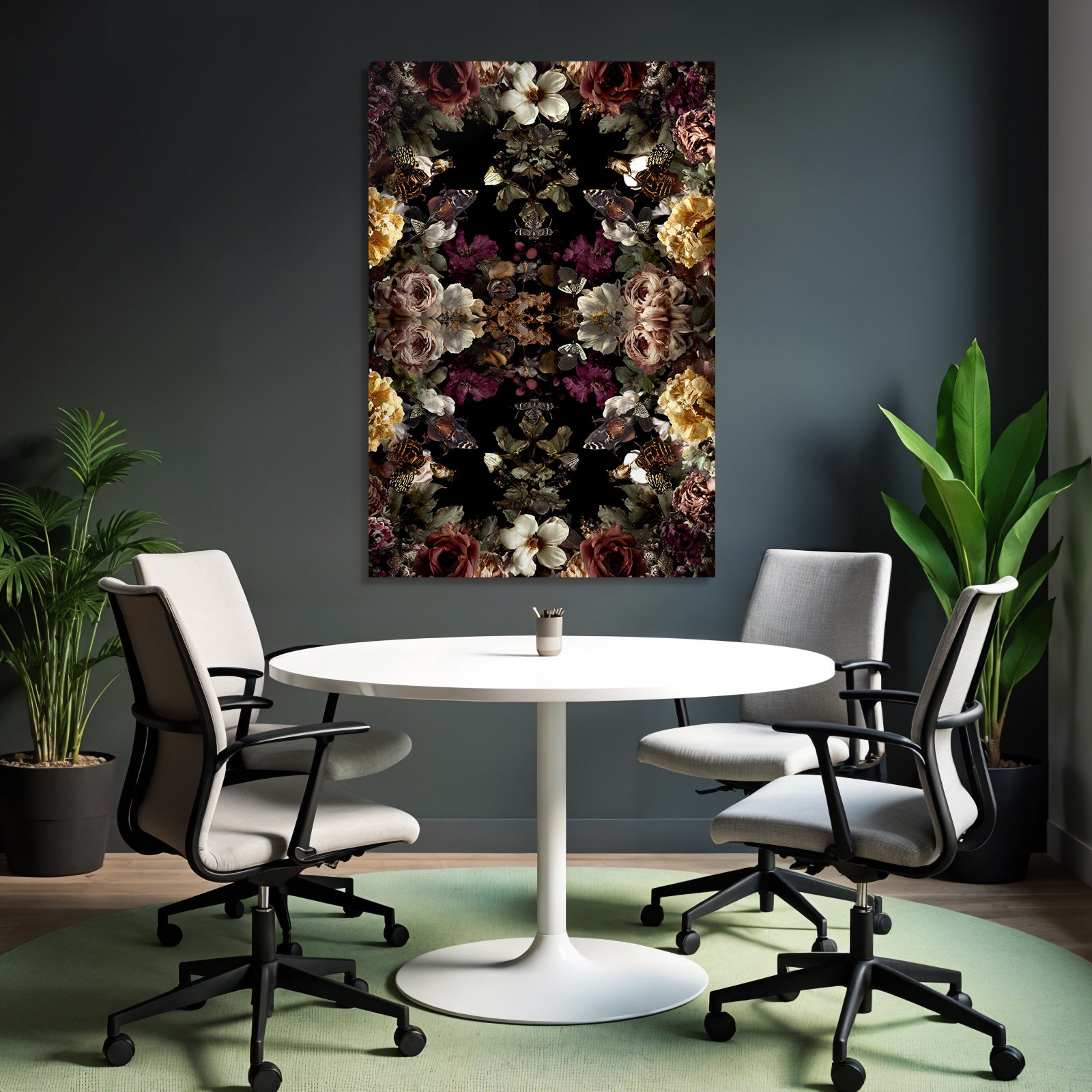 Symmetrisches Blumen Und Schmetterlingsdesign Auf Dunklem Hintergrund