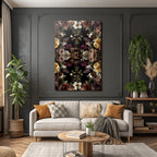 Symmetrisches Blumen Und Schmetterlingsdesign Auf Dunklem Hintergrund