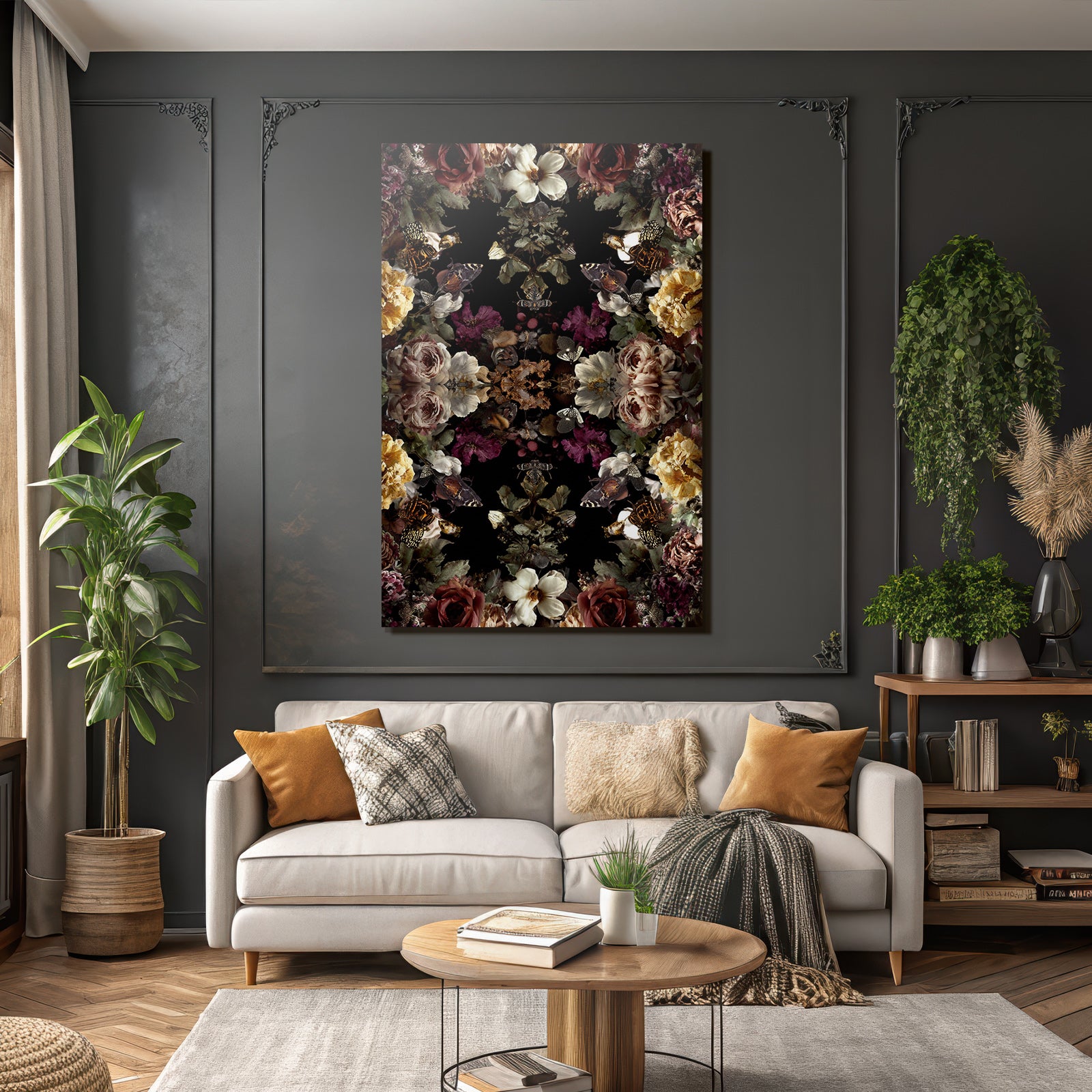 Symmetrisches Blumen Und Schmetterlingsdesign Auf Dunklem Hintergrund