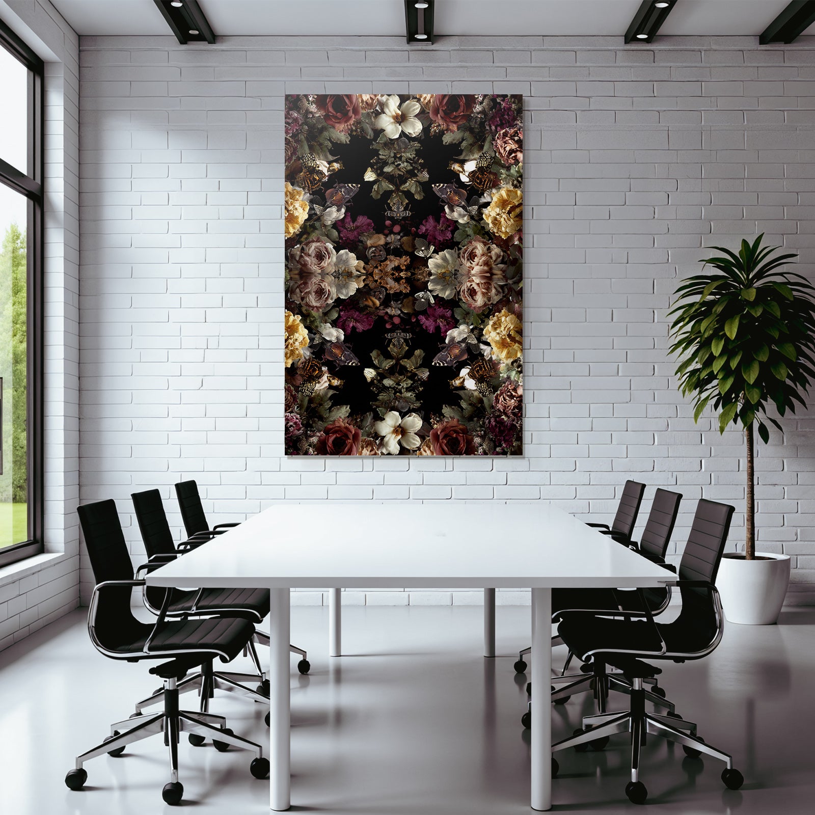 Symmetrisches Blumen Und Schmetterlingsdesign Auf Dunklem Hintergrund