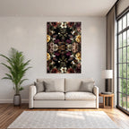 Symmetrisches Blumen Und Schmetterlingsdesign Auf Dunklem Hintergrund
