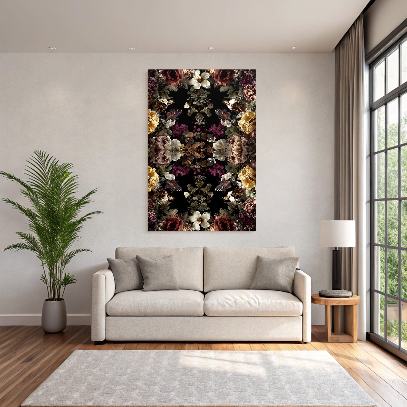 Symmetrisches Blumen Und Schmetterlingsdesign Auf Dunklem Hintergrund