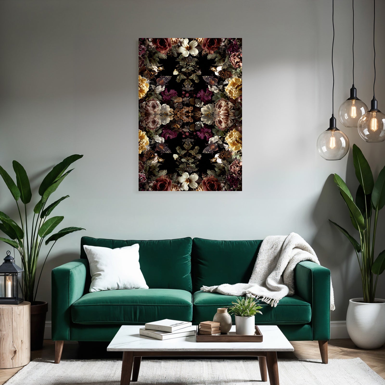 Symmetrisches Blumen Und Schmetterlingsdesign Auf Dunklem Hintergrund