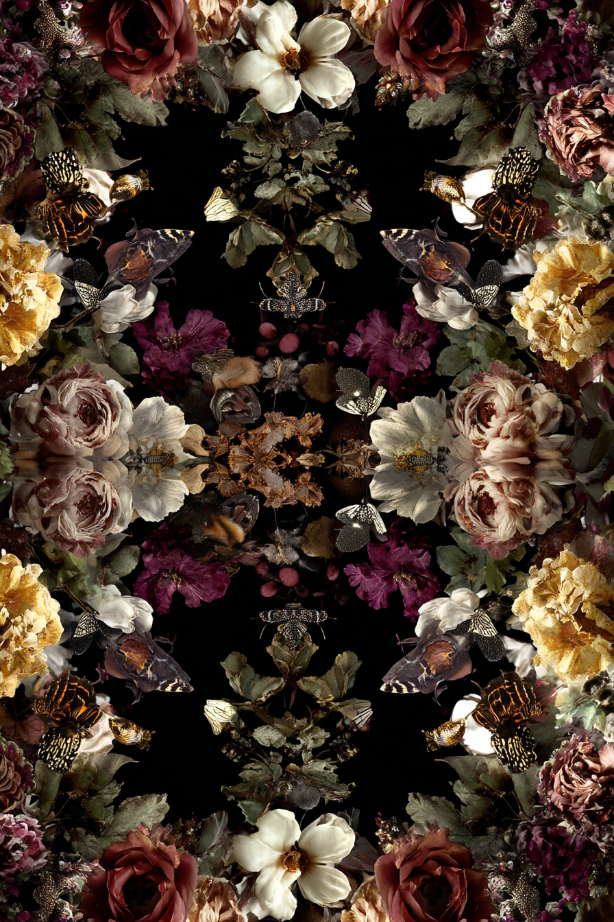 Symmetrisches Blumen Und Schmetterlingsdesign Auf Dunklem Hintergrund | Klassisch | Einrichtungsstile