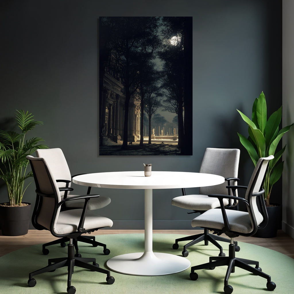 Tranquil Mystical Scene Mit Architektur Und Baeumen Unter Dem Mondlicht