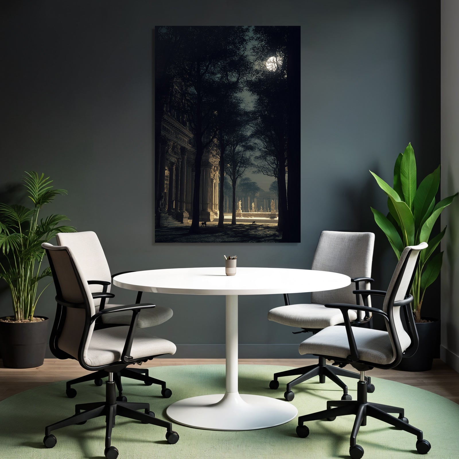Tranquil Mystical Scene Mit Architektur Und Baeumen Unter Dem Mondlicht