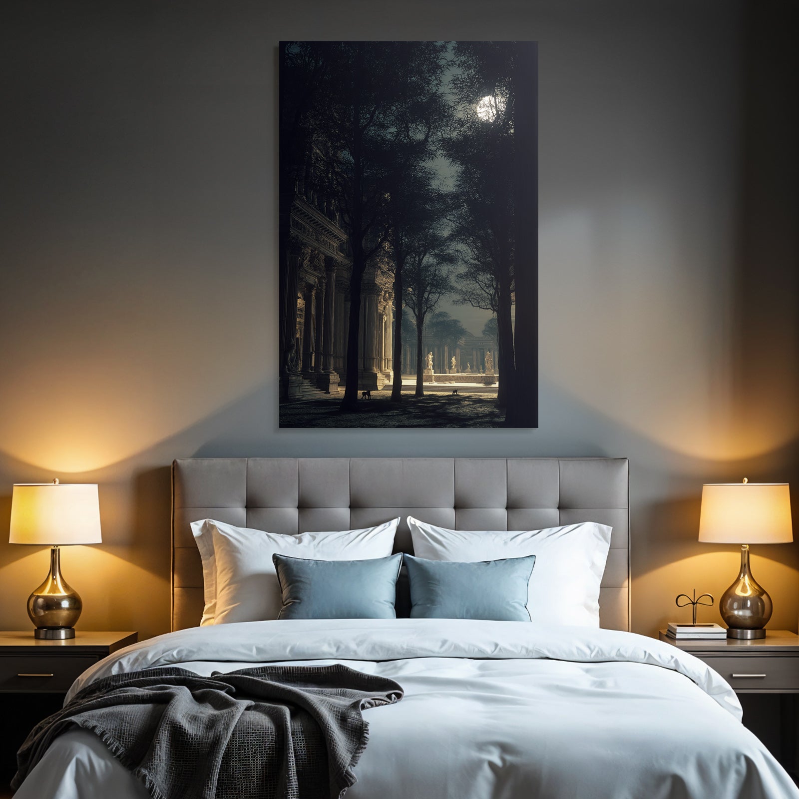 Tranquil Mystical Scene Mit Architektur Und Baeumen Unter Dem Mondlicht