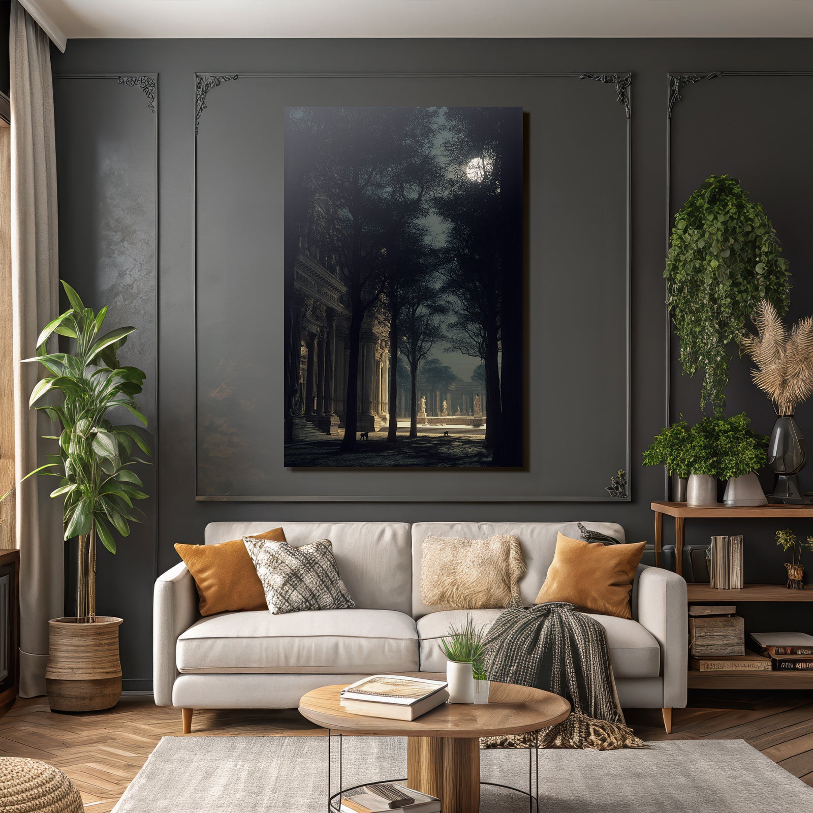 Tranquil Mystical Scene Mit Architektur Und Baeumen Unter Dem Mondlicht