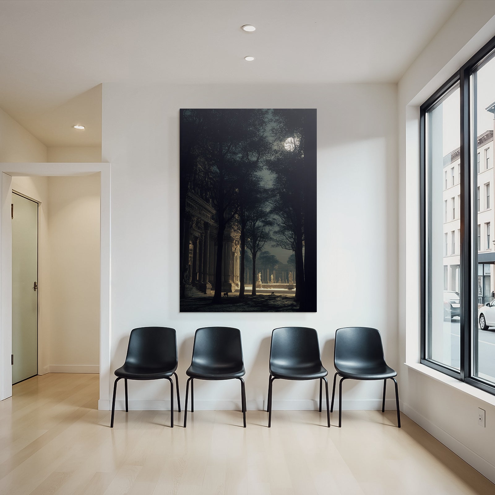 Tranquil Mystical Scene Mit Architektur Und Baeumen Unter Dem Mondlicht
