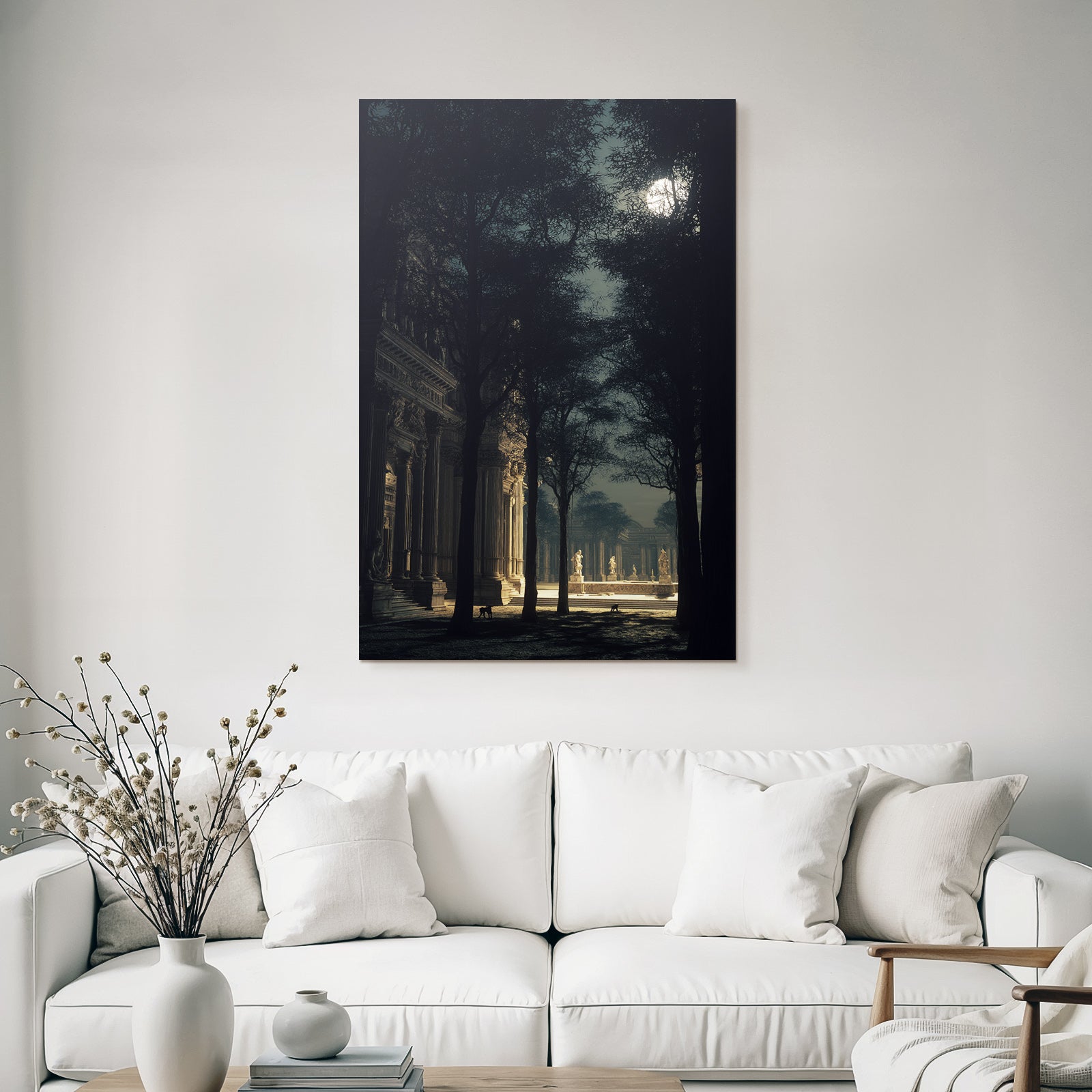 Tranquil Mystical Scene Mit Architektur Und Baeumen Unter Dem Mondlicht