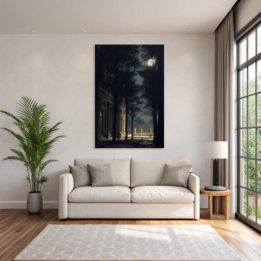 Tranquil Mystical Scene Mit Architektur Und Baeumen Unter Dem Mondlicht