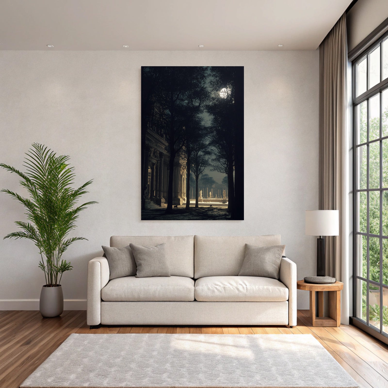 Tranquil Mystical Scene Mit Architektur Und Baeumen Unter Dem Mondlicht