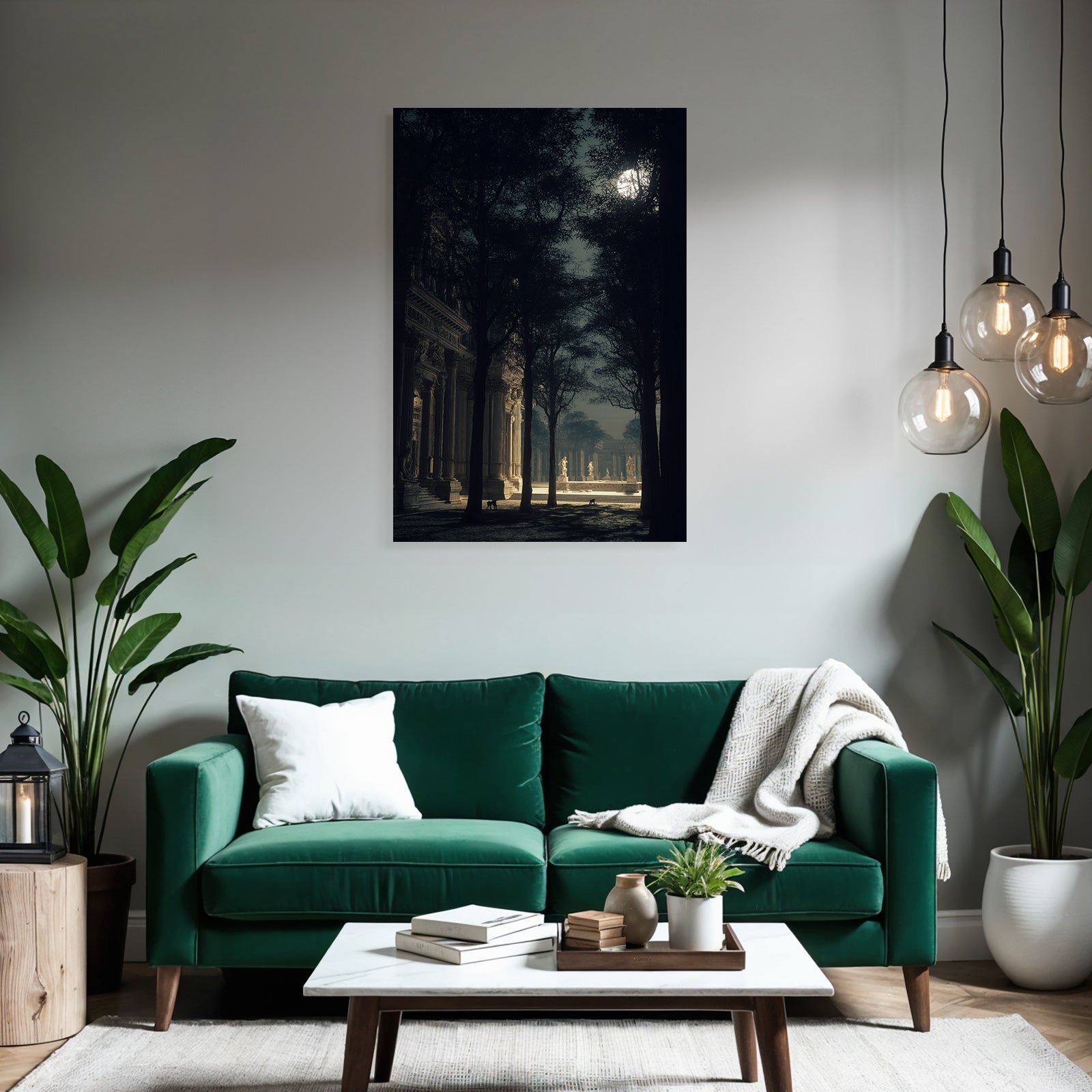 Tranquil Mystical Scene Mit Architektur Und Baeumen Unter Dem Mondlicht
