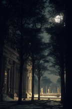 Tranquil Mystical Scene Mit Architektur Und Baeumen Unter Dem Mondlicht | Klassisch | Einrichtungsstile
